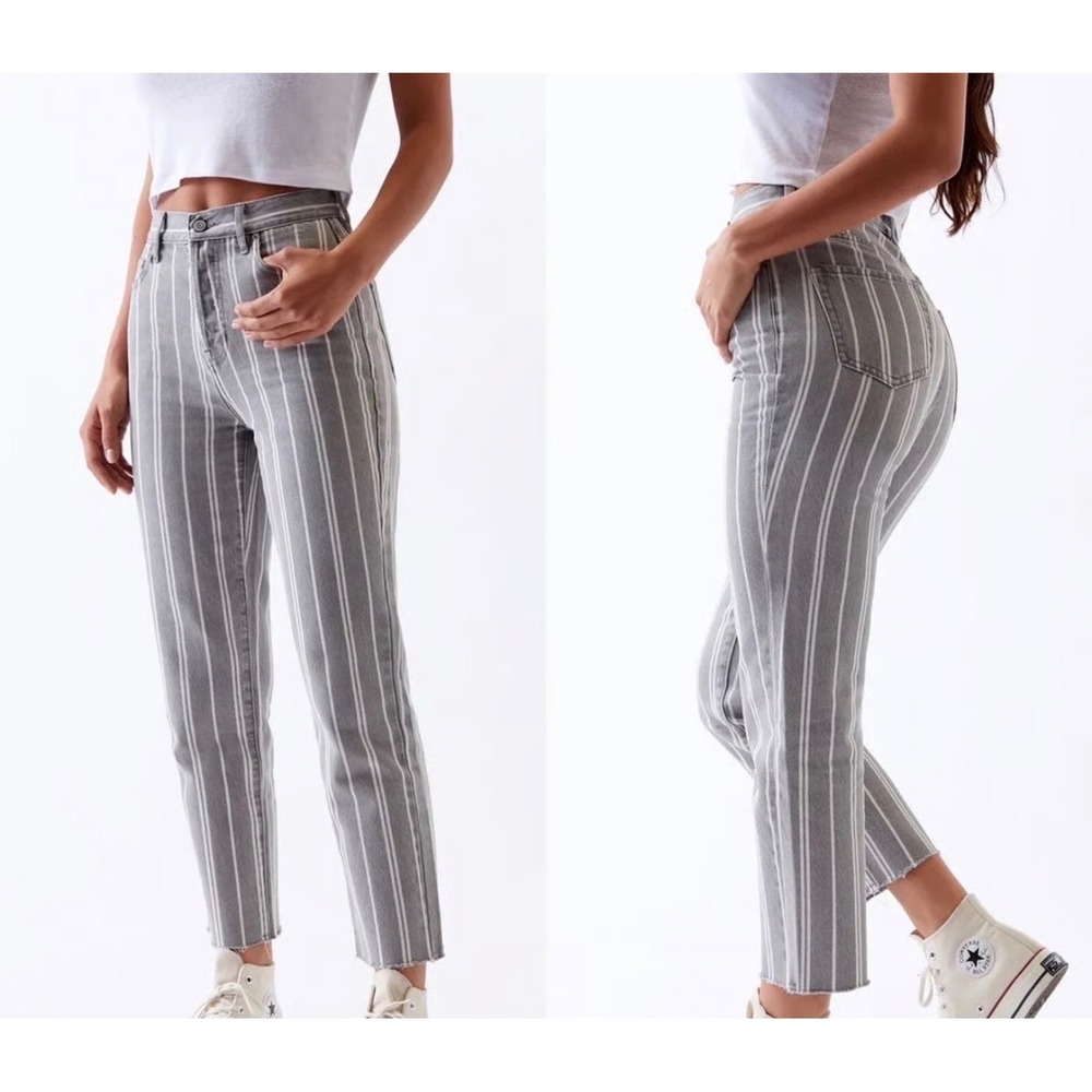 PacSun High Rise Straight Striped Raw Hem Jeans Womens 26 Gray